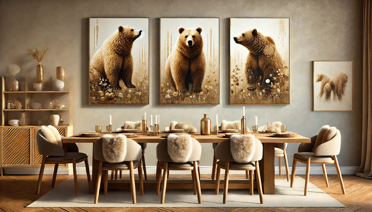 Une composition horizontale présentant quatre tableaux ours brun dans une salle à manger élégante et chaleureuse. Chaque œuvre combine des tons terreux et dorés, s'intégrant harmonieusement à des meubles en bois naturel et des textiles neutres. L'éclairag