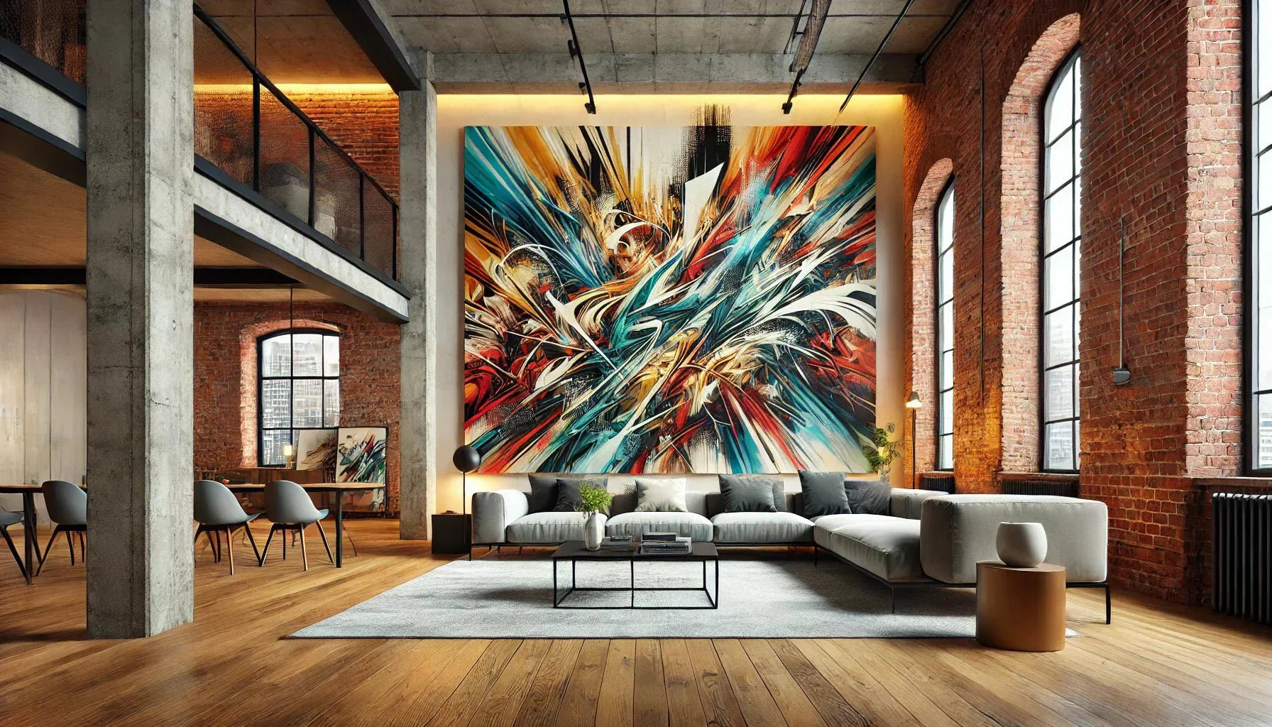 Illustration d’un Tableau Street Art Abstrait XXL accroché sur un mur en briques apparentes, apportant une touche artistique contemporaine et dynamique à un intérieur moderne.