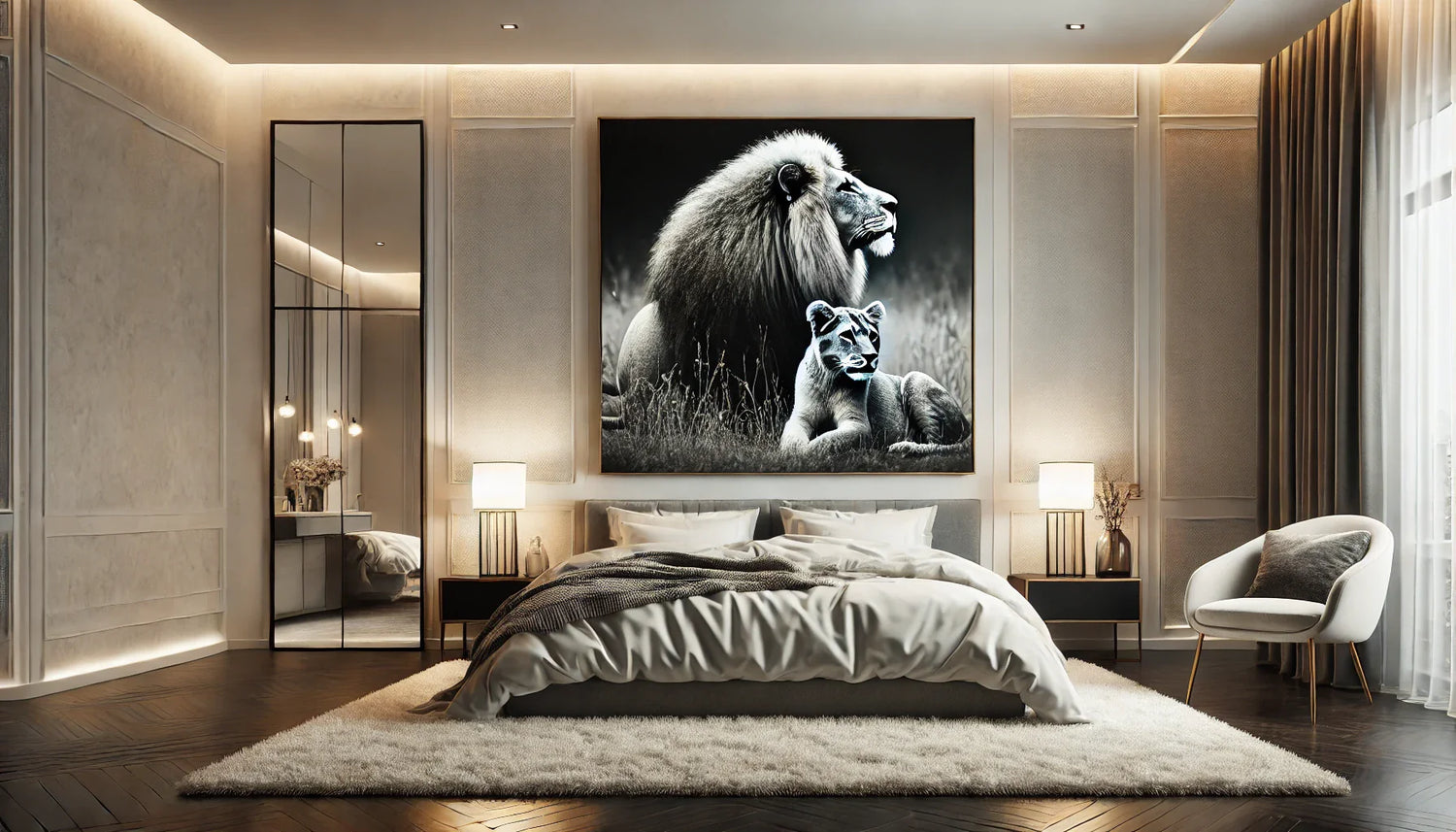 Tableau représentant une scène majestueuse et tendre entre deux lions en noir et blanc, idéal pour sublimer une chambre avec élégance et sérénité.