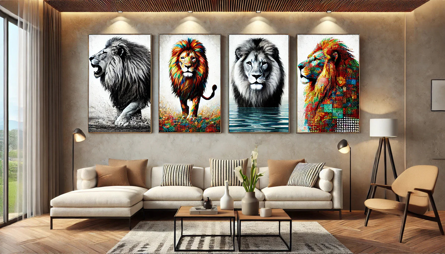 Tableau lion vibrant en mosaïque multicolore, design artistique idéal pour dynamiser une décoration audacieuse."