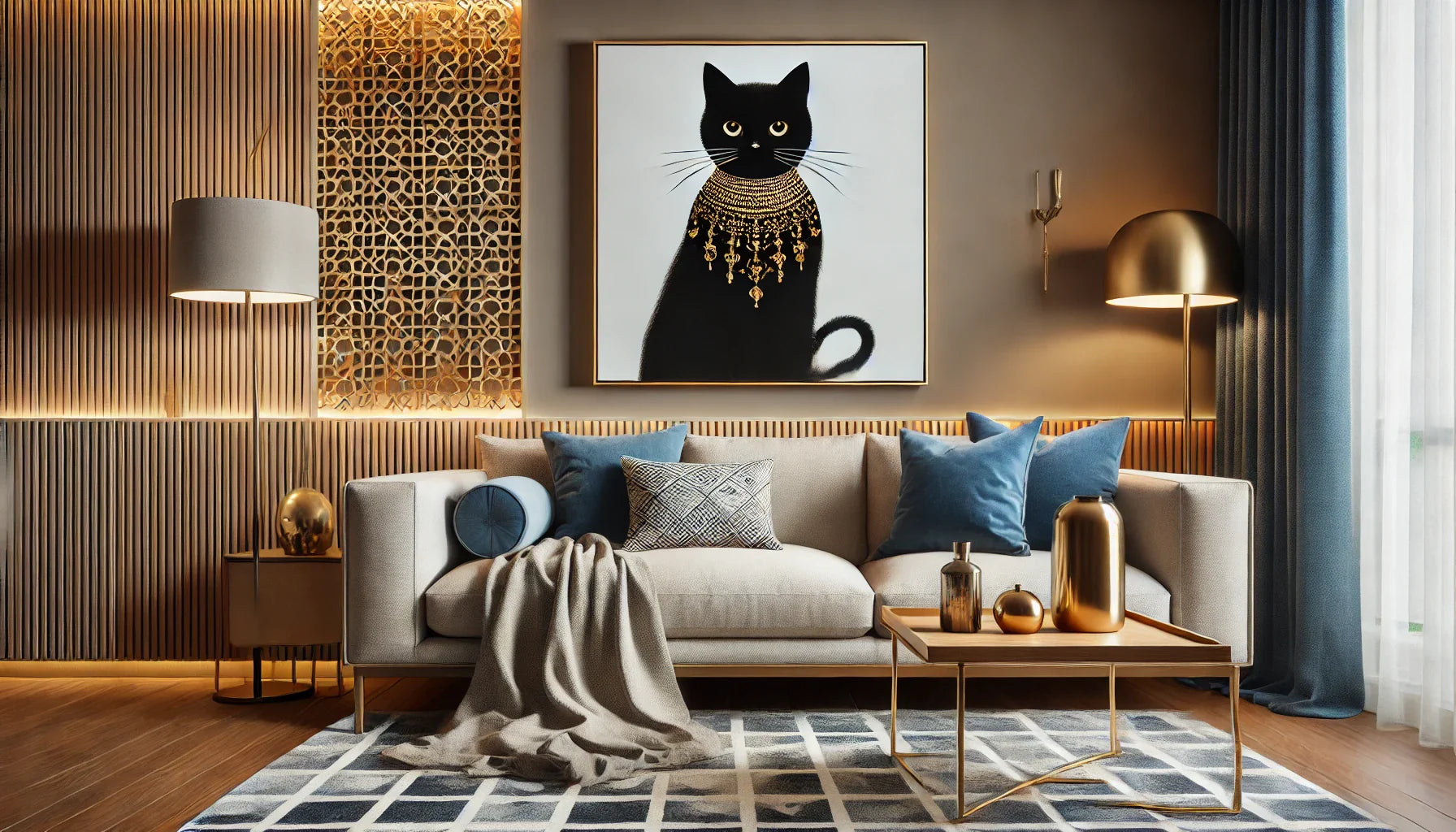 Tableau de chat noir avec ornements dorés dans un salon moderne, décoré avec un canapé beige et des coussins assortis, parfait pour une ambiance élégante.