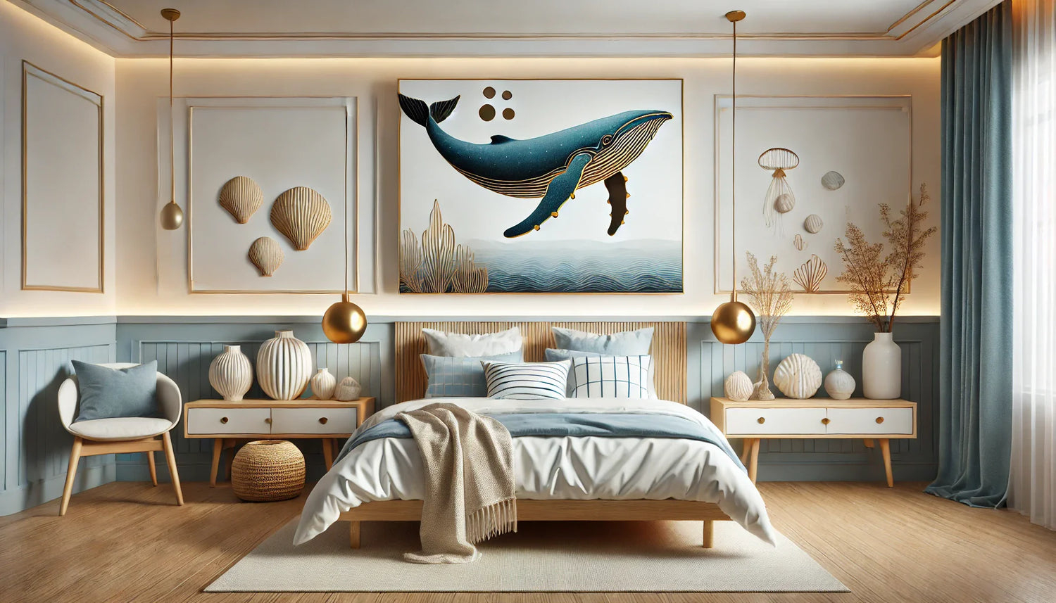 Chambre confortable avec une décoration marine. Tableau cachalot aux accents dorés suspendu au-dessus d’un lit minimaliste. Accessoires nautiques comme des vases en céramique, coquillages et textiles bleu clair.