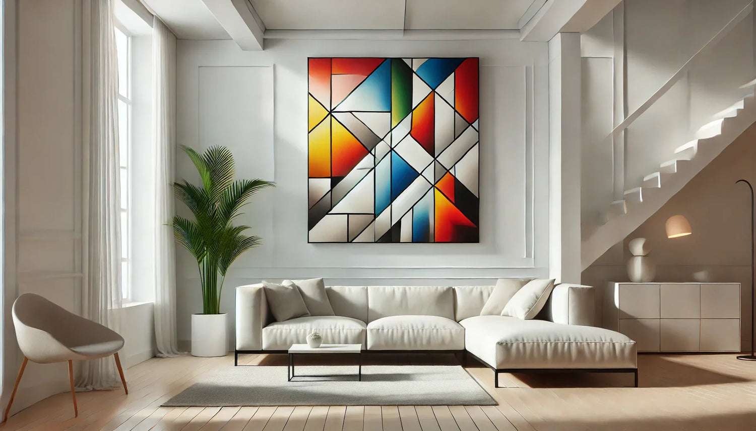 Tableau Cubisme : Comment Dynamiser un Mur Blanc dans une Maison Minimaliste Lumineuse ?