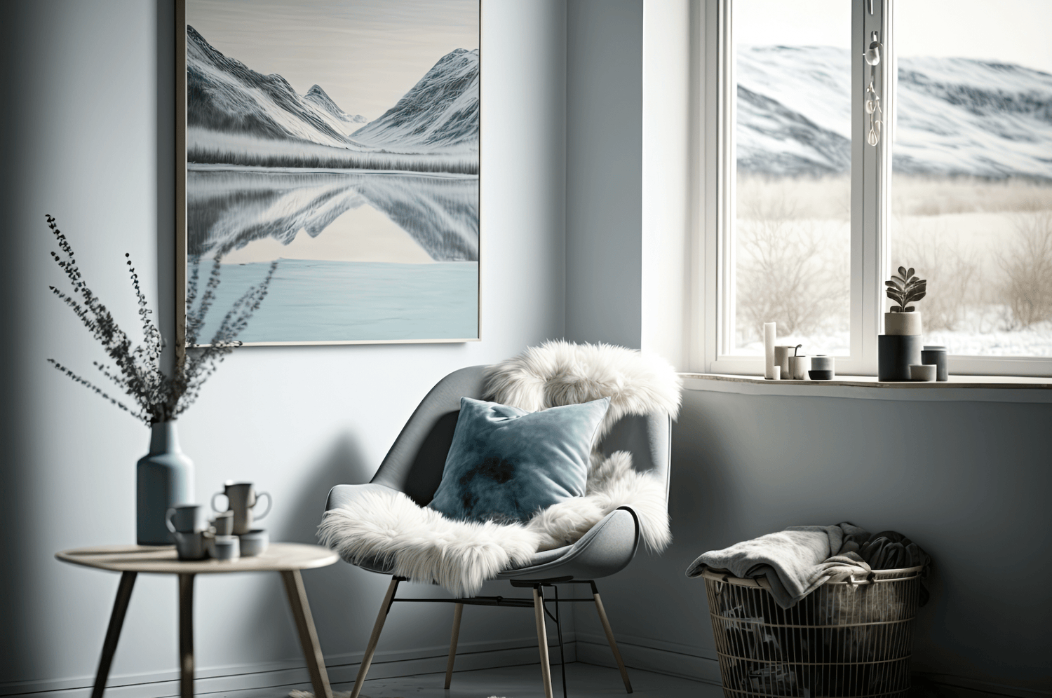 Coin salon moderne avec fauteuil moelleux, tableau de paysage et décor hivernal apaisant