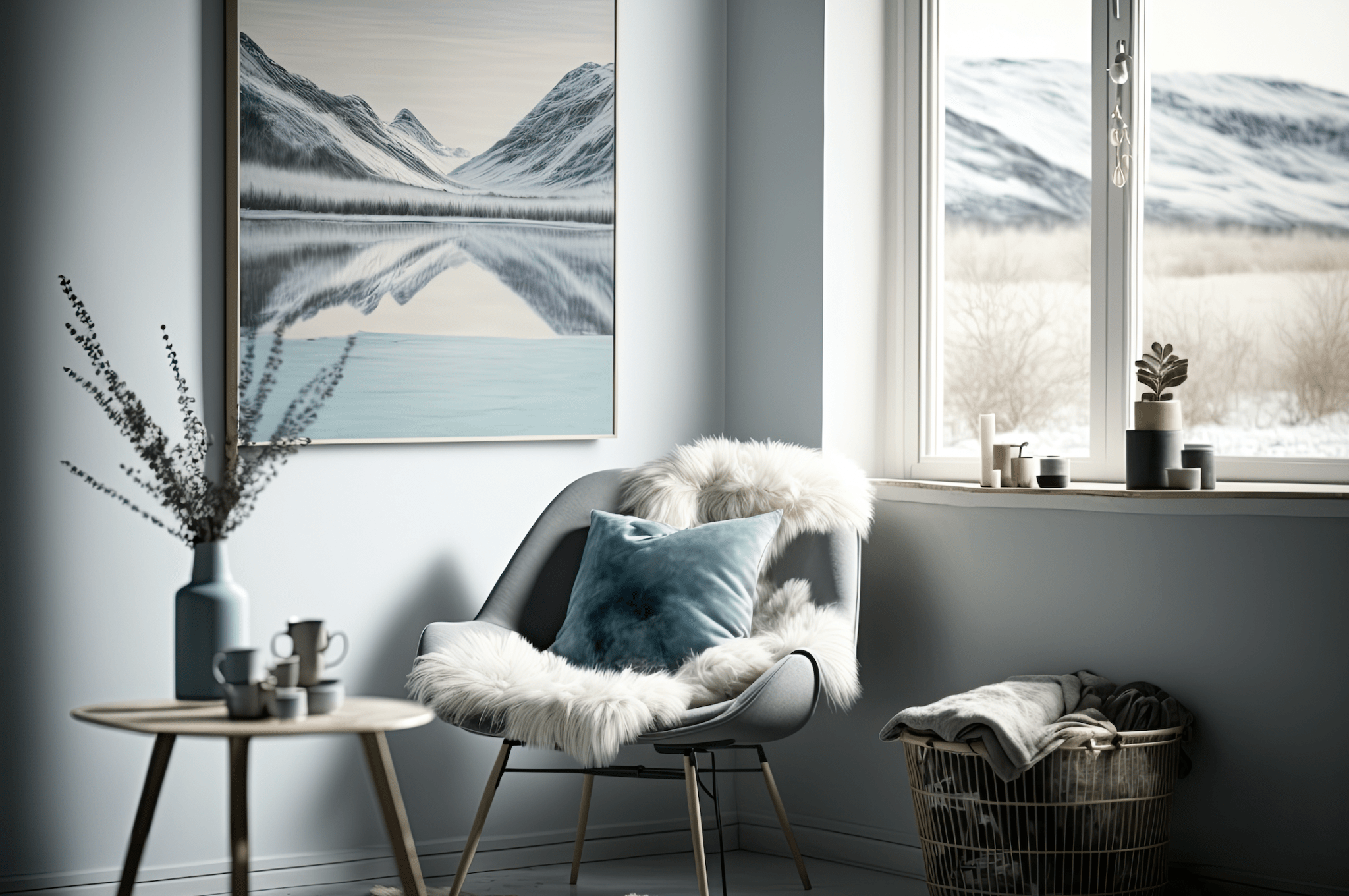 Coin salon moderne avec fauteuil moelleux, tableau de paysage et décor hivernal apaisant