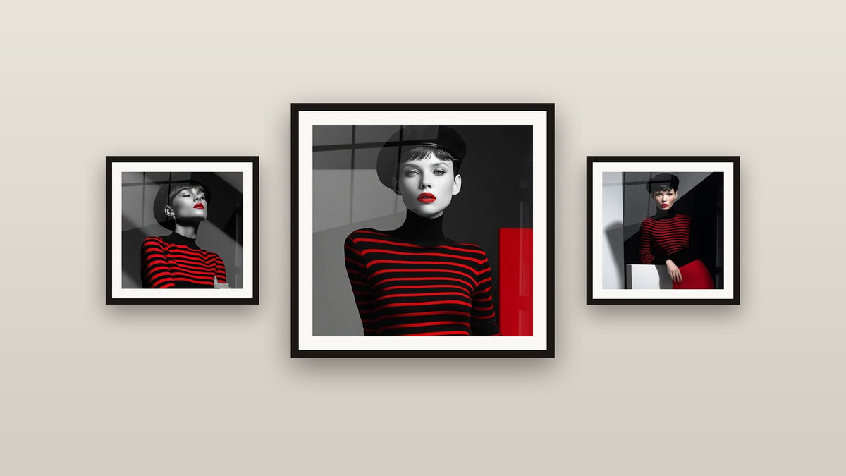 Gallery wall with three framed paintings, including Woman with Red Lips and Black Beret