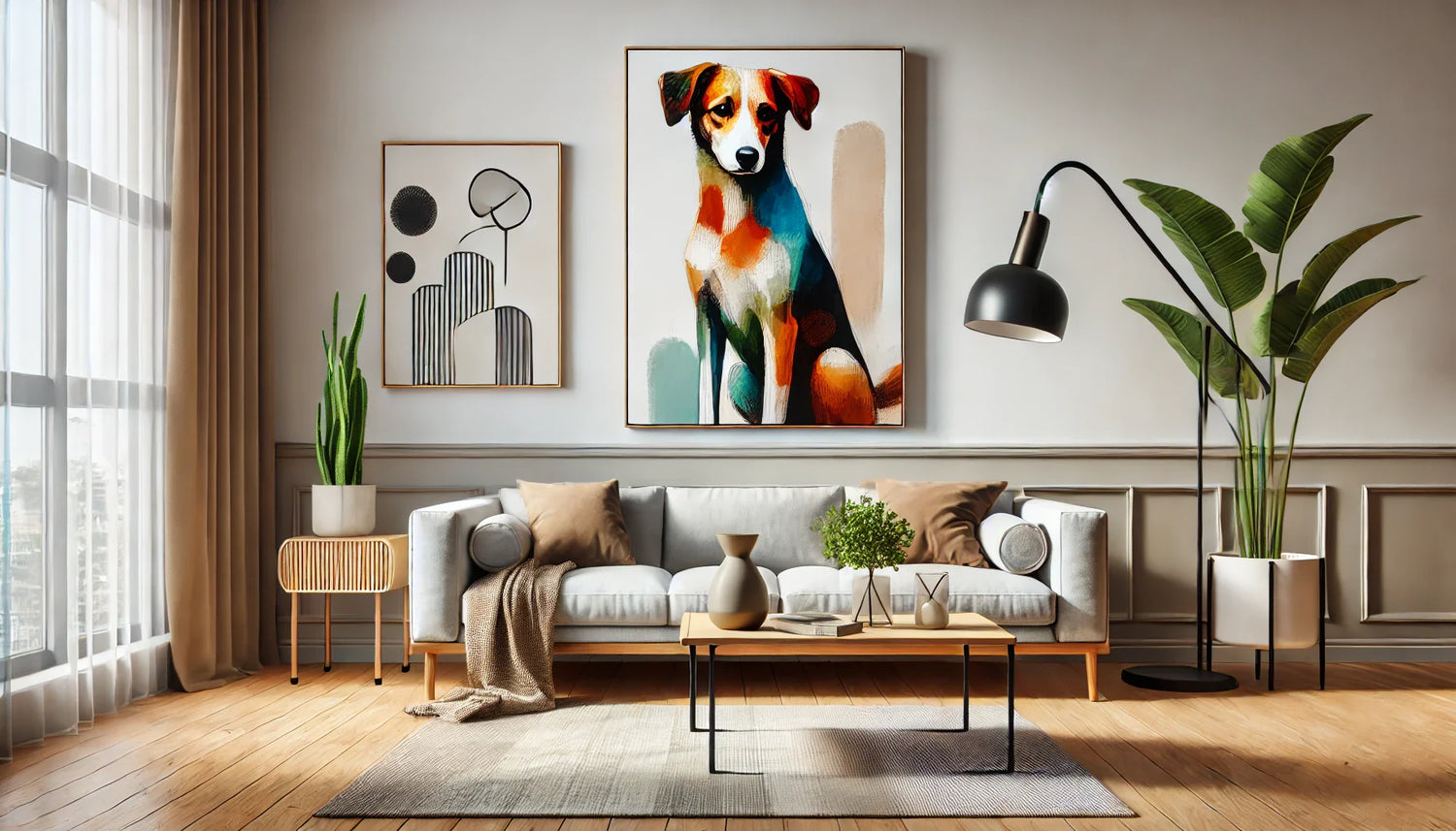 Vue d'un salon moderne avec un tableau chien abstrait et minimaliste sur le mur, un canapé contemporain, une table basse en bois, des plantes et un tapis neutre. Le tableau, vibrant et expressif, ajoute de l'énergie à la décoration élégante du salon.