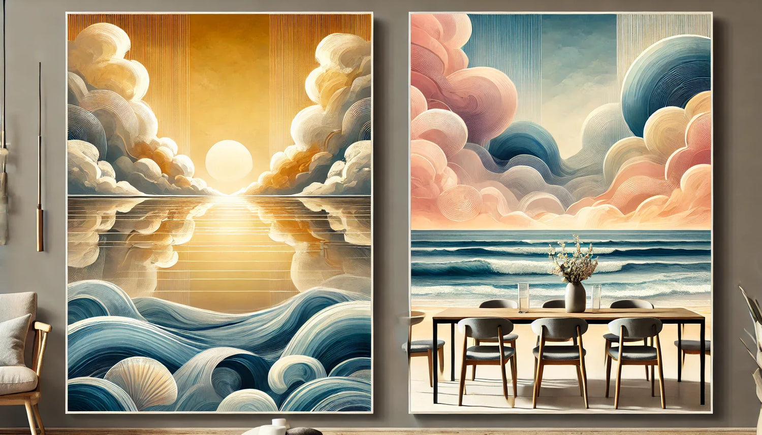 "Tableau abstrait de bord de mer avec un coucher de soleil doré, nuages doux et vagues bleutées, parfait pour une salle à manger élégante et chaleureuse."