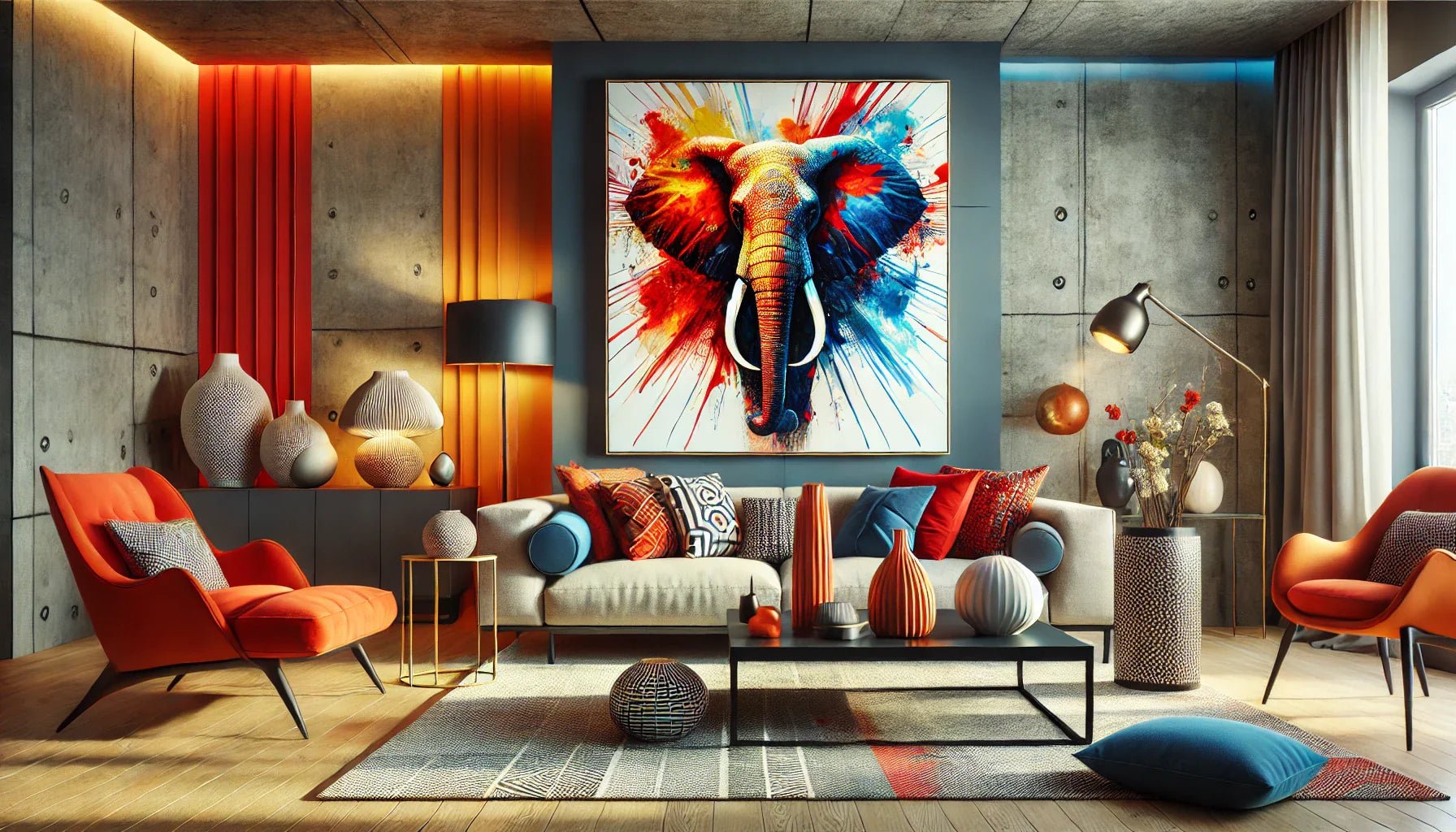 Tableau éléphant vibrant aux couleurs éclatantes, apportant une touche d'énergie et de modernité dans un salon contemporain