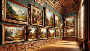 Galerie d'art académique du 19ème siècle exposant uniquement des paysages européens traditionnels, illustrant l'absence des sujets africains