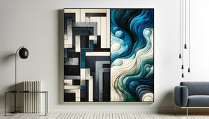 Comparaison visuelle entre abstraction géométrique structurée et abstraction fluide organique, deux peintures côte à côte montrant le contraste