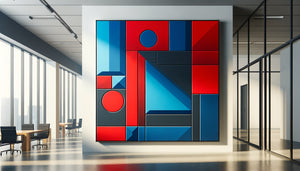 Abstraction géométrique minimaliste style Frank Stella et Ellsworth Kelly, formes pures et couleurs vives structurant l'espace