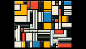 Composition géométrique abstraite De Stijl avec lignes noires orthogonales et couleurs primaires, style Mondrian 1917