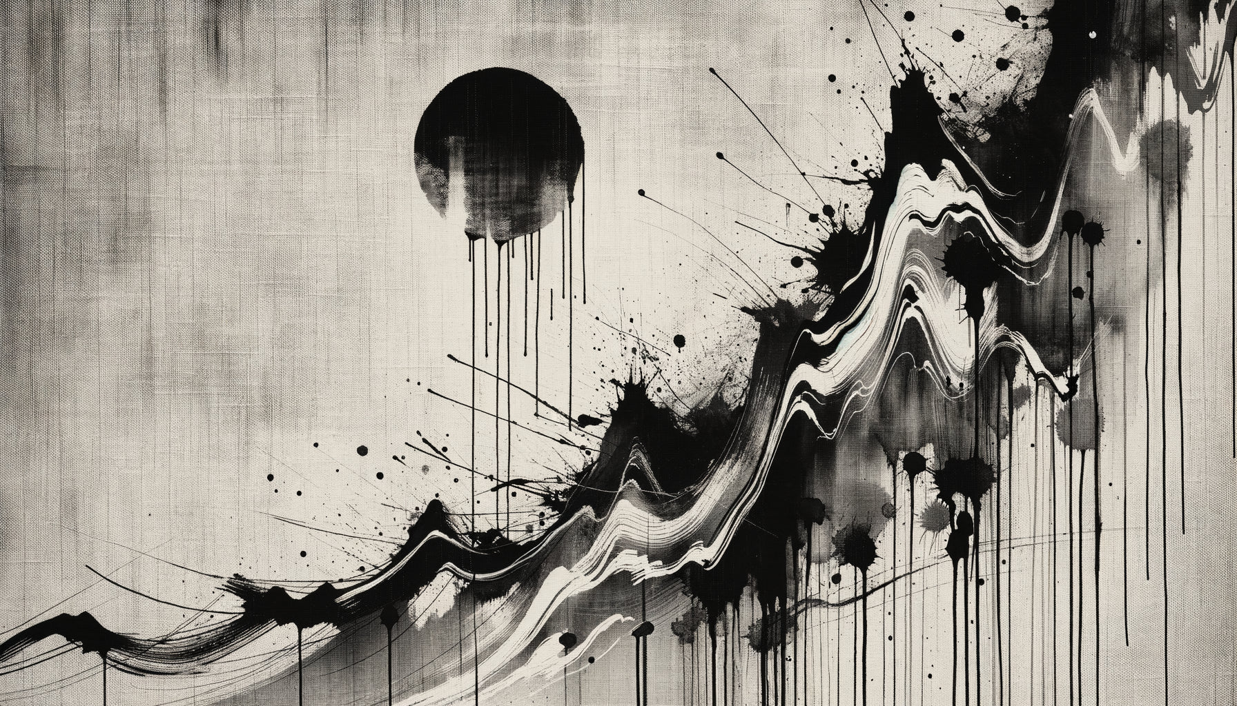 Œuvre abstraite japonaise années 1950, mouvement Gutai, gestes calligraphiques zen, encre noire sur toile brute