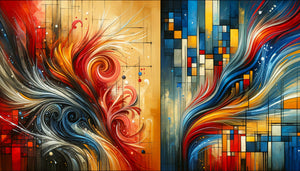 Comparaison visuelle entre abstraction lyrique gestuelle et abstraction géométrique structurée, deux courants opposés de l'art abstrait du 20ème siècle