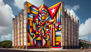 Murale cubaine post-révolutionnaire des années 1970, abstraction géométrique socialiste aux formes épurées et couleurs primaires vives