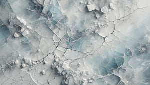 Abstraction nordique contemporaine avec craquelures volontaires inspirées des cycles gel-dégel arctiques, palette glaciale scandinave