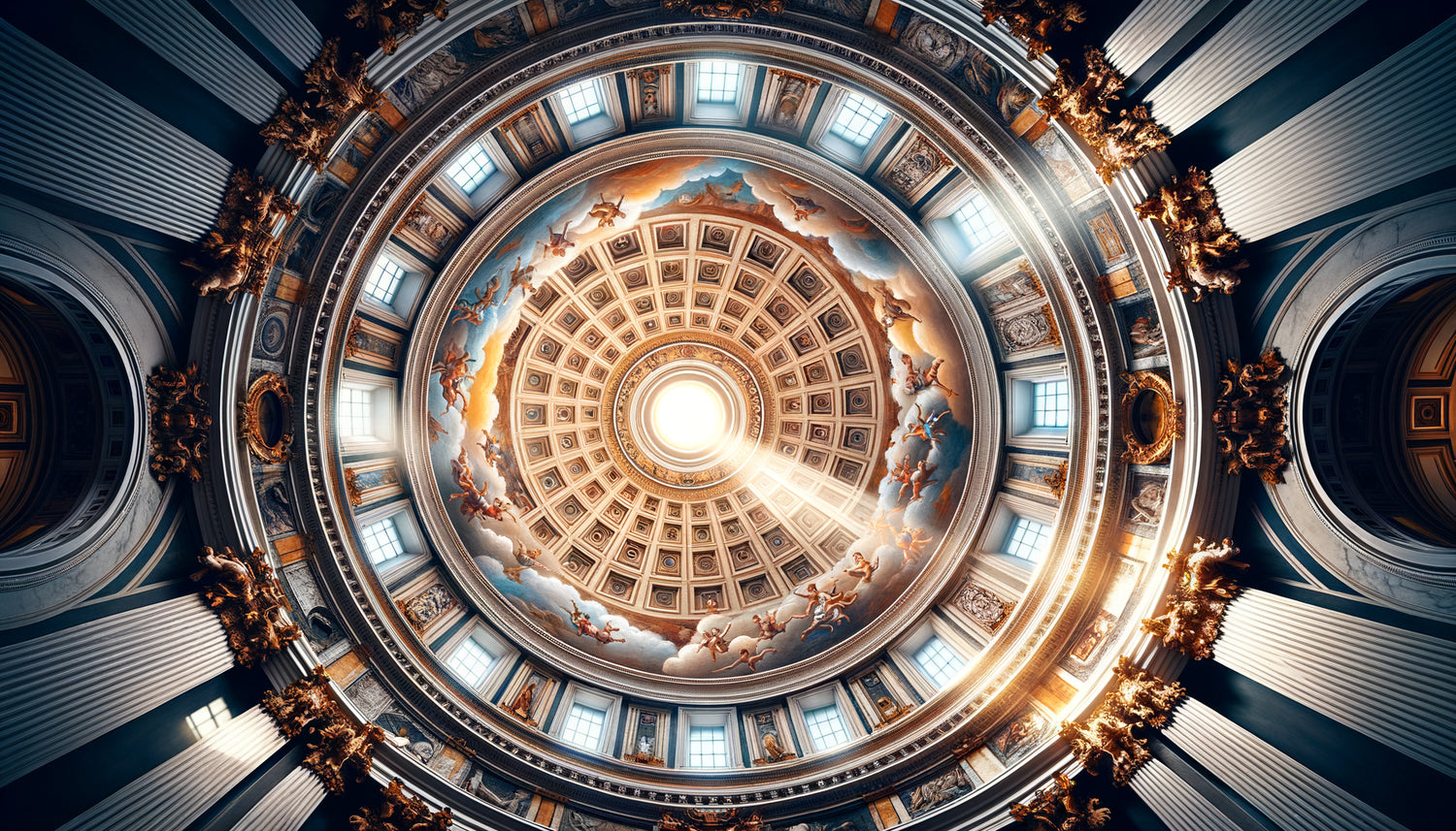 Coupole baroque à abstraction radiale de Borromini, perspective ascendante vers oculus central, géométrie sacrée et trompe-l'oeil