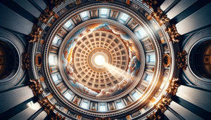 Coupole baroque à abstraction radiale de Borromini, perspective ascendante vers oculus central, géométrie sacrée et trompe-l'oeil