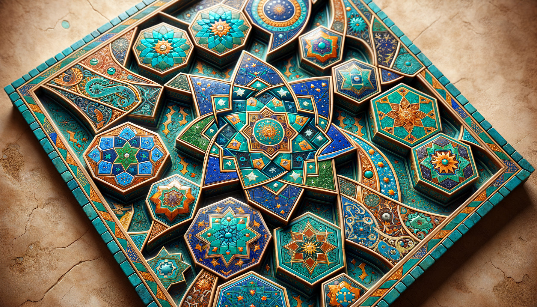 Composition murale abstraite en céramique émaillée tadjike, motifs géométriques bleu cobalt et turquoise, tradition artistique du Pamir