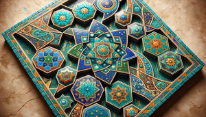 Composition murale abstraite en céramique émaillée tadjike, motifs géométriques bleu cobalt et turquoise, tradition artistique du Pamir