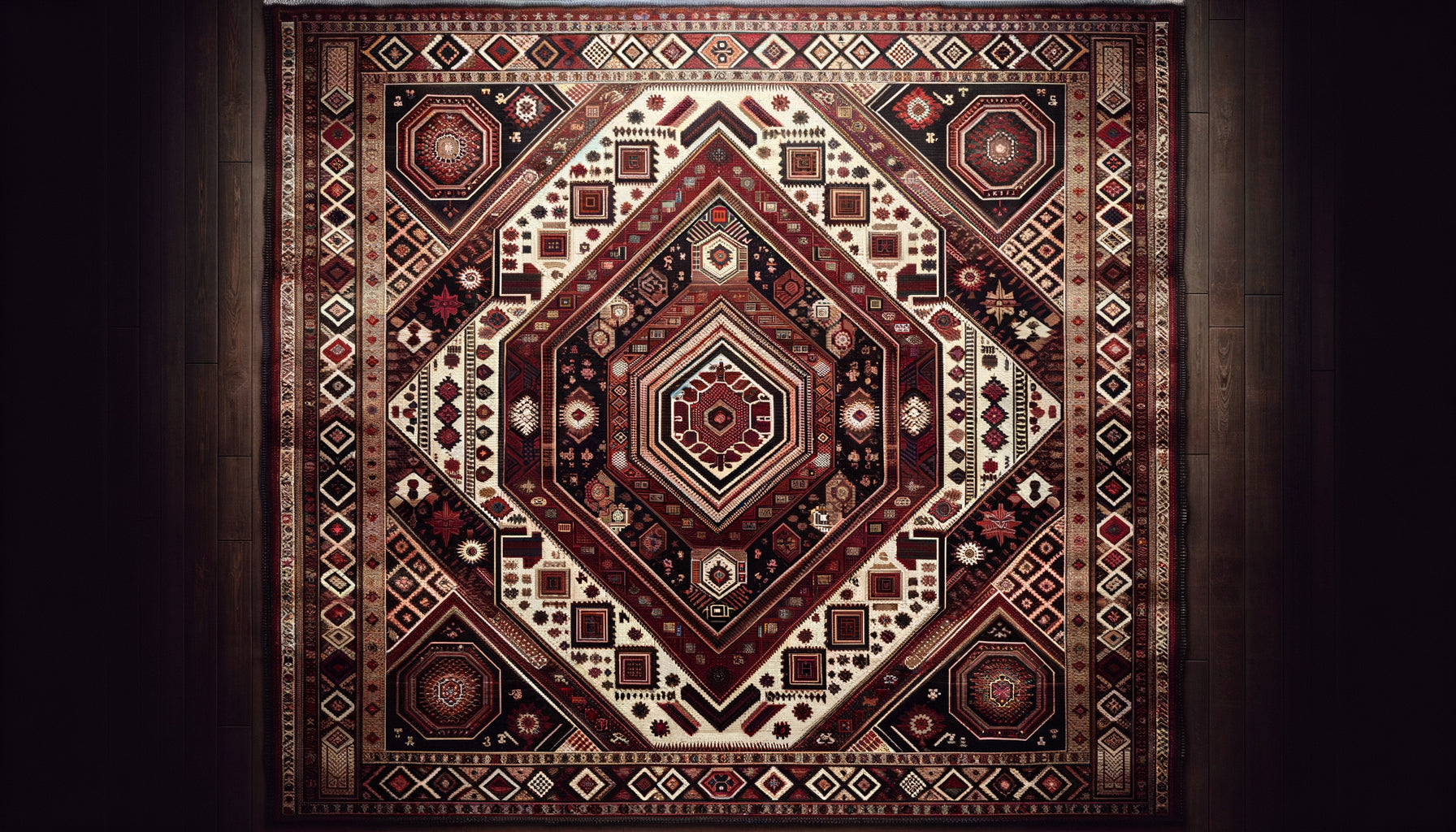 Tapis turkmène traditionnel aux motifs géométriques abstraits sophistiqués, rouge profond avec médaillons tribaux caractéristiques
