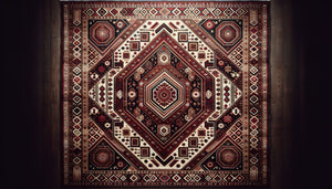 Tapis turkmène traditionnel aux motifs géométriques abstraits sophistiqués, rouge profond avec médaillons tribaux caractéristiques