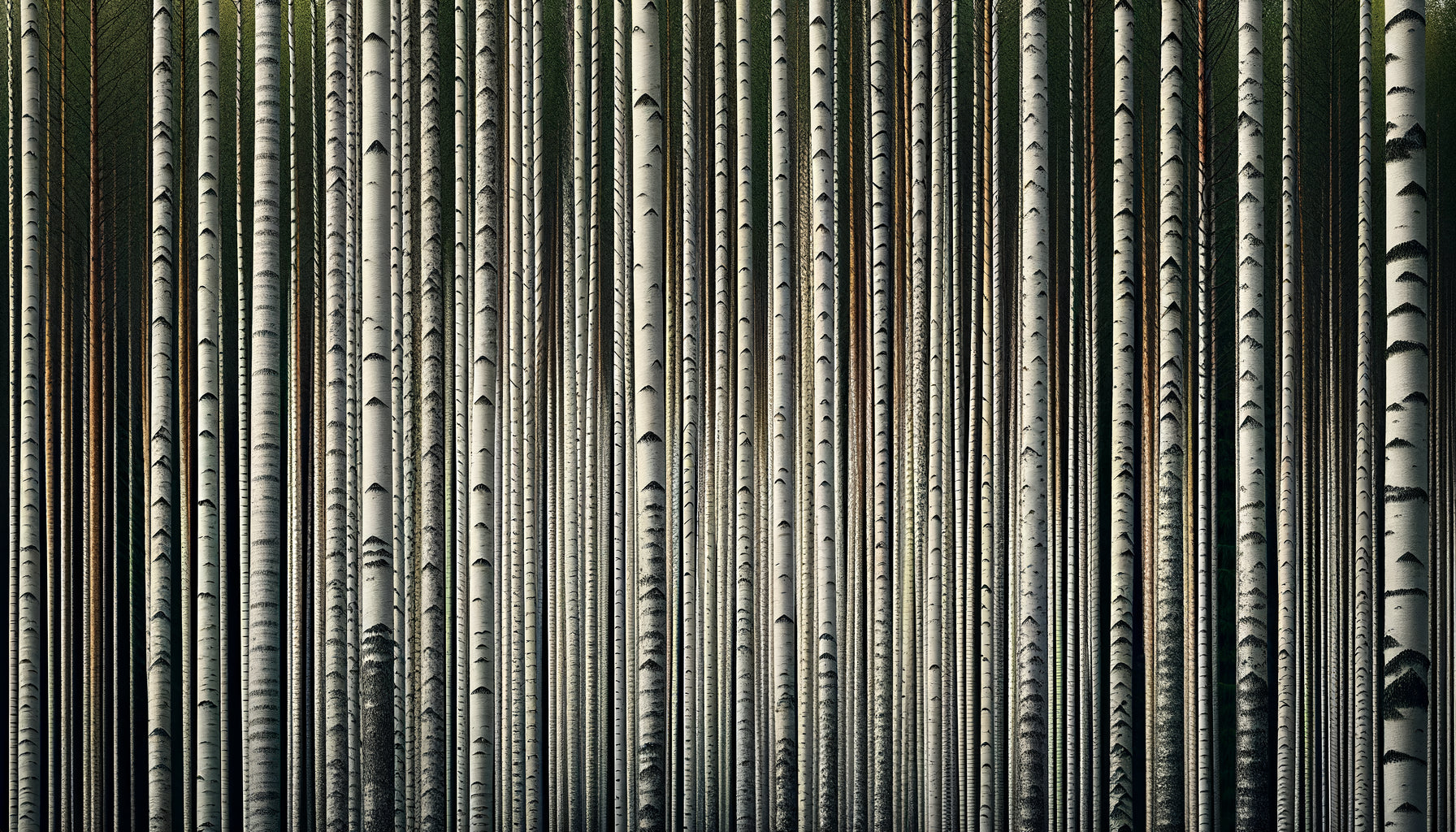 Forêt boréale finlandaise aux troncs élancés créant un rythme vertical abstrait caractéristique du design nordique