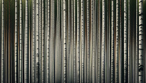 Forêt boréale finlandaise aux troncs élancés créant un rythme vertical abstrait caractéristique du design nordique