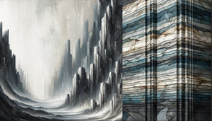 Peinture murale abstraite contemporaine norvégienne à composition verticale stratifiée inspirée des falaises de fjords et strates géologiques