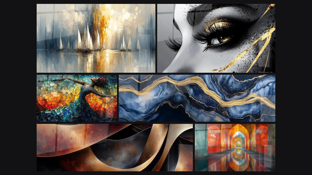 Mosaic of six paintings, including Dawn Over the Bay, Golden Tear Eye and Dance Fire Liberation Red