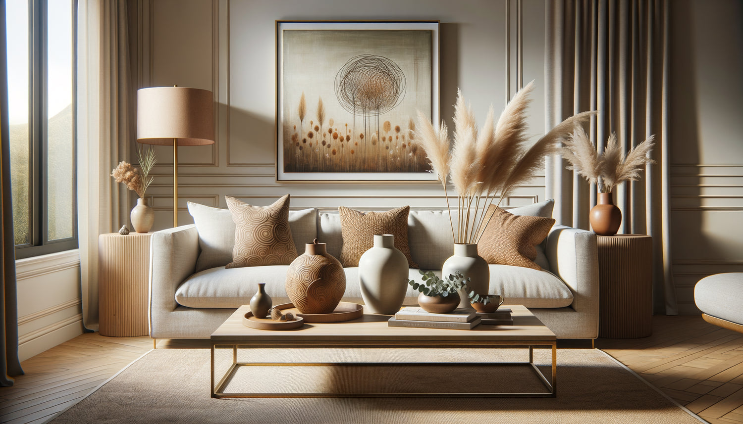 Salon Airbnb moderne décoré avec accessoires tendance : tableau mural, coussins texturés, vases céramique et plantes séchées