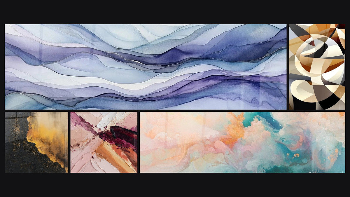 Mosaic of five paintings, including Dreamy Scrolls Periwinkle, Interlaced Circular Shapes and Cumulus Floating Pink
