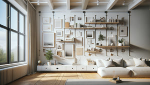 Mur porteur blanc avec étagères fixées et cadres accrochés astucieusement entre les fixations existantes grâce à des rails suspendus