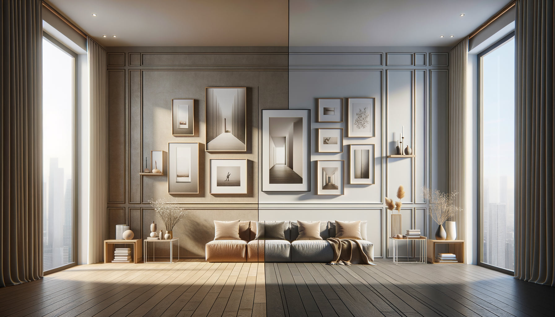 Comparaison mur avec tableaux alignés uniformément versus accrochage à hauteurs variées pour composition dynamique