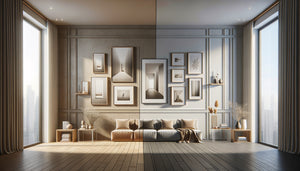 Comparaison mur avec tableaux alignés uniformément versus accrochage à hauteurs variées pour composition dynamique