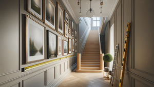 Couloir contemporain avec escalier montrant l'accrochage harmonieux de tableaux suivant la ligne ascendante