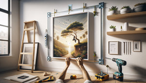 Installation professionnelle d'un tableau lourd sur mur en placo avec cheville métallique adaptée, étagères adjacentes visibles