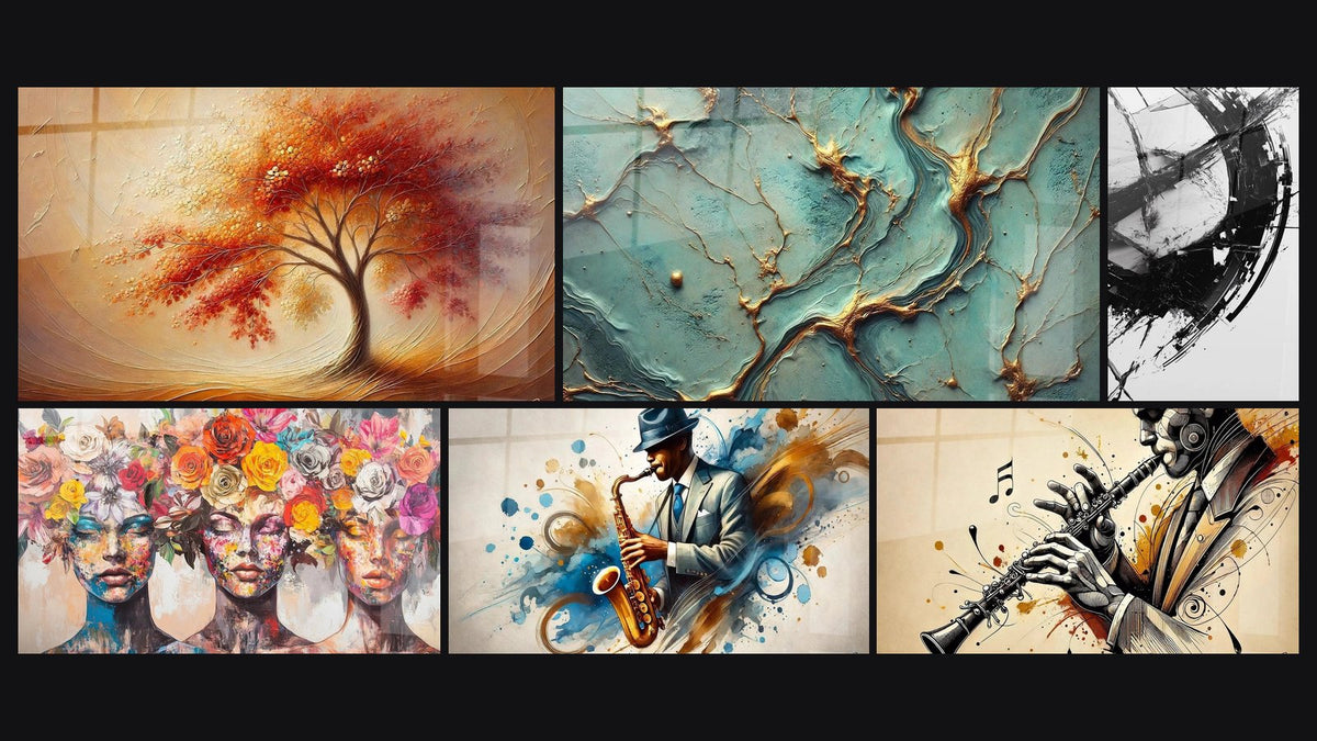 Mosaïque de six tableaux, dont Danse des Saisons, Rivières d’Or et Les Muses Fleuries