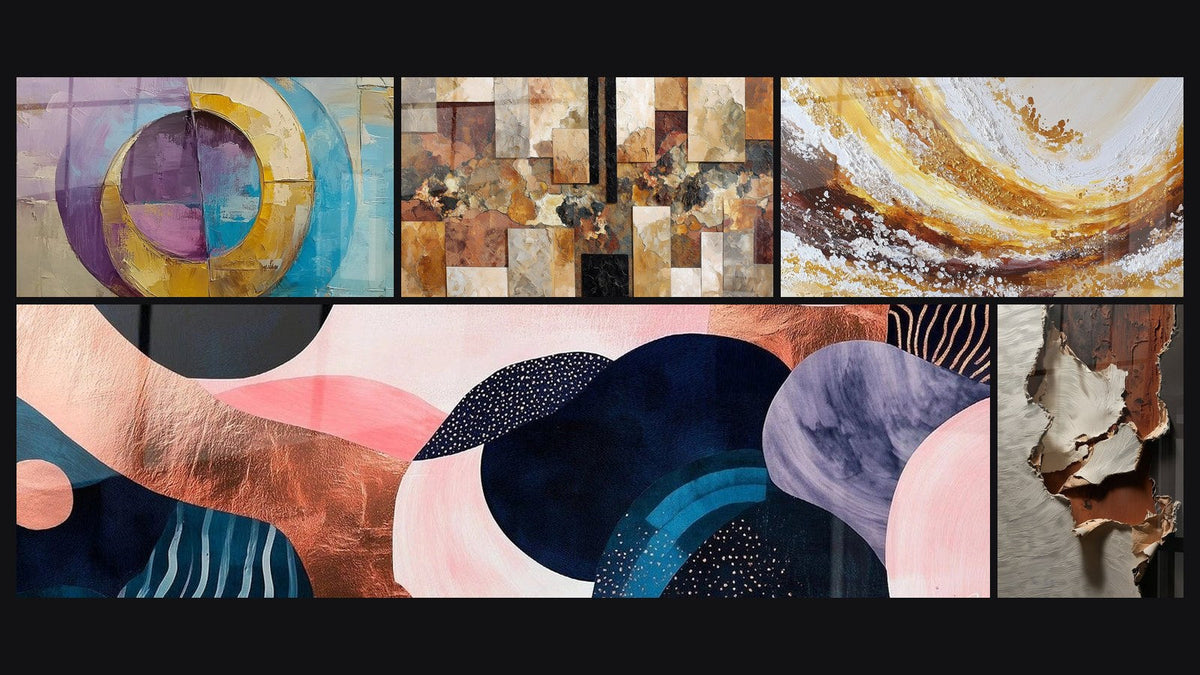 Mosaic of five paintings, including Concentric Colored Circles and Undulating Symbiosis Coral