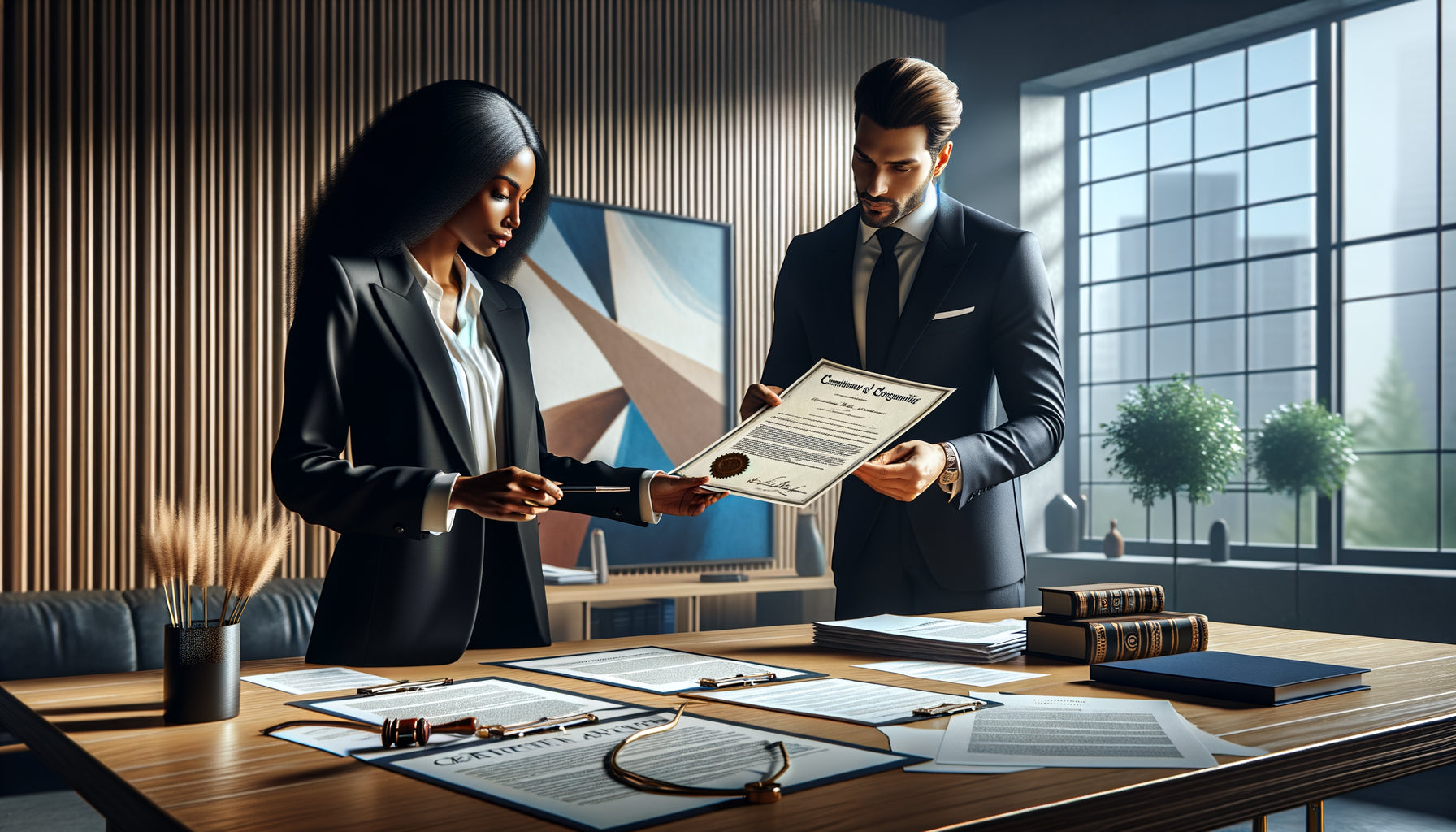 Transaction professionnelle d'art contemporain avec vérification des certificats d'authenticité et documents de garantie dans un bureau moderne