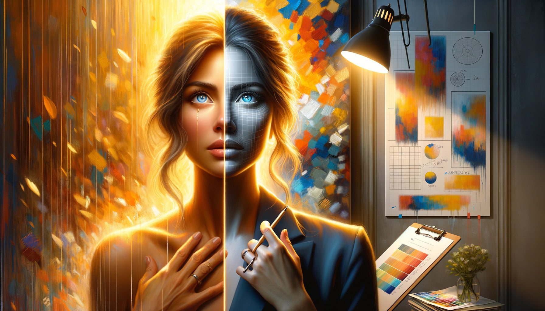 Composition symbolisant la dualité entre coup de cœur émotionnel et décision réfléchie lors de l'achat d'un tableau