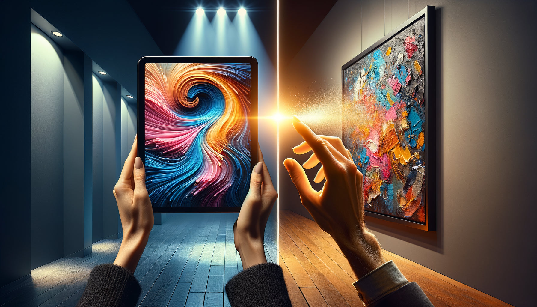 Comparaison visuelle entre achat d'art en ligne sur tablette et expérience tactile en galerie physique contemporaine