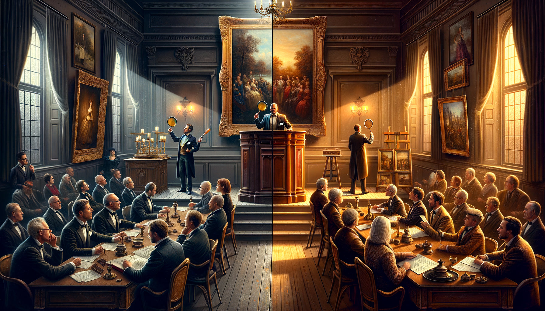 Comparaison visuelle entre vente aux enchères et antiquaire pour l'acquisition de tableaux historiques anciens