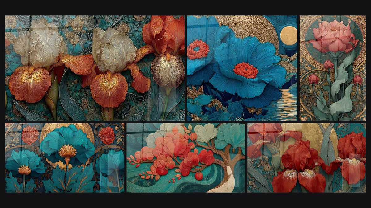 Mosaïque de six tableaux, dont Iris Splendeur Florale, Fleurs Renaissance Florale et Orchidées mélodie serpentine