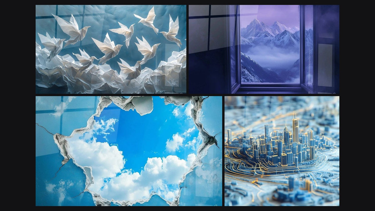 Mosaic of four paintings, including Sky Celestial Window and City Dream Steel Blue