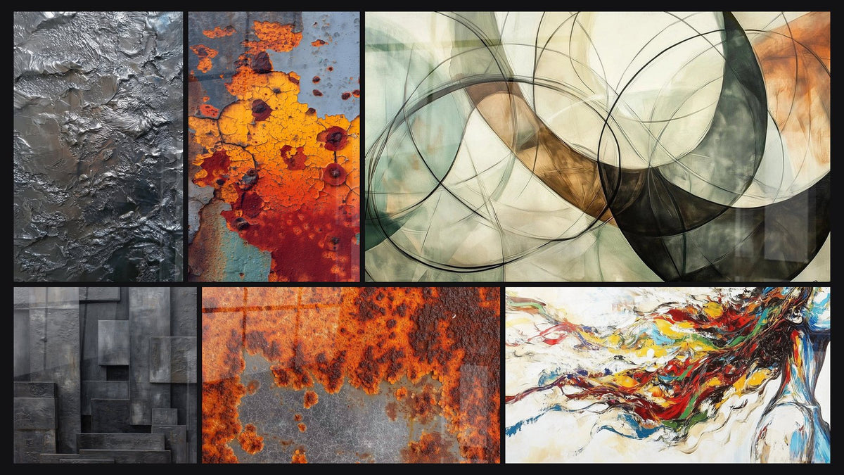 Mosaico de seis cuadros, entre ellos Óxido Naranja y Metal Oxidado, Musa Moderna y Los Lazos Invisibles
