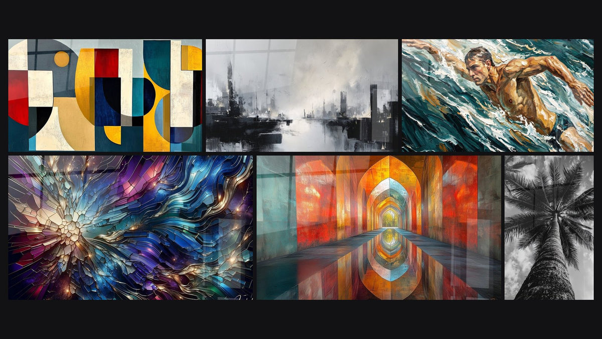 Mosaïque de six tableaux, dont Formes géométriques colorées, Éclats de Vitraux et Voûtes Chatoyantes Vermillon