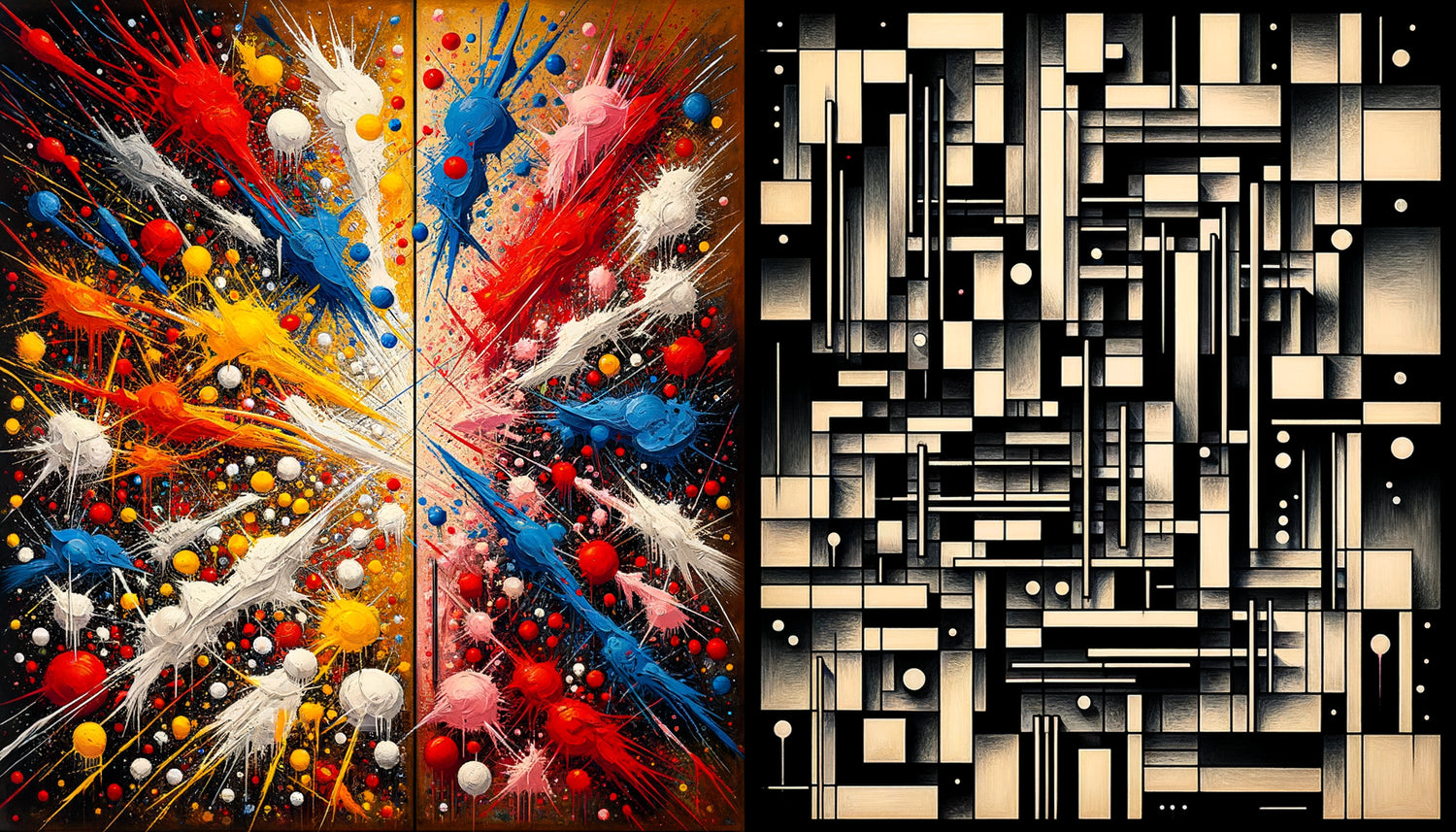 Composition contrastant Action Painting gestuel chaotique et abstraction géométrique rationnelle, années 1950