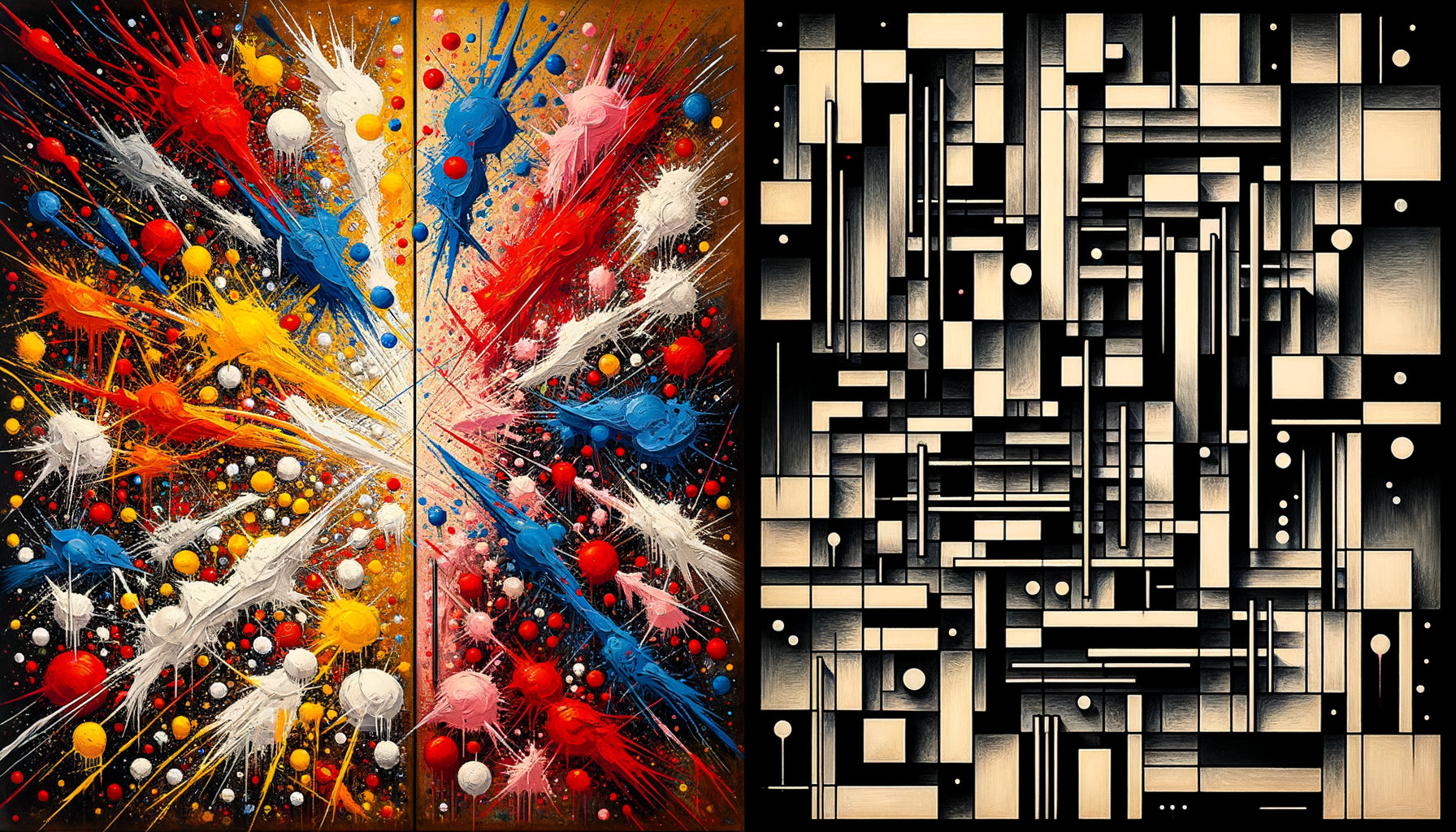 Composition contrastant Action Painting gestuel chaotique et abstraction géométrique rationnelle, années 1950